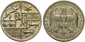 DEUTSCHE MÜNZEN SEIT 1871 
 WEIMARER REPUBLIK 
 3 Reichsmark 1927 A, 400 Jahre Philipps-Universität Marburg. J. 330.
 Vorzüglich-Stempelglanz