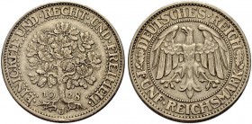 DEUTSCHE MÜNZEN SEIT 1871 
 WEIMARER REPUBLIK 
 5 Reichsmark 1928 J, Eichbaum. J. 331.
 Sehr schön