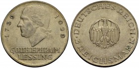 DEUTSCHE MÜNZEN SEIT 1871 
 WEIMARER REPUBLIK 
 3 Reichsmark 1929 D zum 200. Geburtstag Lessings. J. 335.
 Vorzüglich