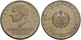 DEUTSCHE MÜNZEN SEIT 1871 
 WEIMARER REPUBLIK 
 3 Reichsmark 1929 G zum 200. Geburtstag Lessings. J. 335.
 Vorzüglich