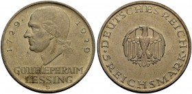 DEUTSCHE MÜNZEN SEIT 1871 
 WEIMARER REPUBLIK 
 5 Reichsmark 1929 D zum 200. Geburtstag Lessings. J. 336.
 Vorzüglich