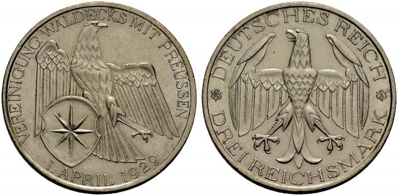 DEUTSCHE MÜNZEN SEIT 1871 
 WEIMARER REPUBLIK 
 3 Reichsmark 1929 A zur Verein...