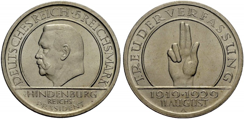 DEUTSCHE MÜNZEN SEIT 1871 
 WEIMARER REPUBLIK 
 5 Reichsmark 1929 A auf 10 Jah...