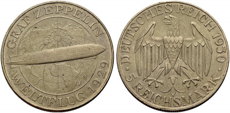 DEUTSCHE MÜNZEN SEIT 1871 
 WEIMARER REPUBLIK 
 5 Reichsmark 1930 F auf den We...