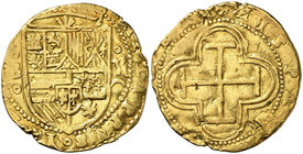 s/d. Felipe II. Burgos. 2 escudos. (Cal. 32, mismo ejemplar) (Tauler 3, mismo ejemplar). 6,58 g. Sin círculos en los ángulos de la gráfila del reverso...