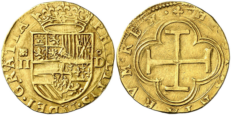 s/d. Felipe II. Segovia. D. 2 escudos. (Cal. 53, mismo ejemplar) (Tauler 24). 6,...