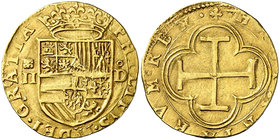s/d. Felipe II. Segovia. D. 2 escudos. (Cal. 53, mismo ejemplar) (Tauler 24). 6,70 g. Muy redonda. Atractiva. Ex UBS 27/01/1995, nº 2726. Ex Áureo & C...