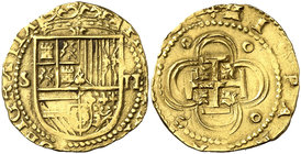 s/d. Felipe II. Sevilla. 2 escudos. (Cal. 58) (Tauler 29). 6,74 g. Sin ensayador. Ex Colección Isabel de Trastámara 26/05/2016, nº 555. Muy rara, sólo...