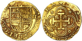 s/d. Felipe II. Sevilla. . 2 escudos. (Cal. 59) (Tauler 30). 6,71 g. Sin el ordinal del rey. Atractiva. Escasa. MBC+.