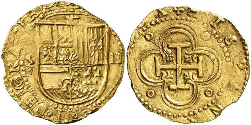 s/d. Felipe II. Sevilla. . 2 escudos. (Cal. 60) (Tauler 31). 6,75 g. Con el ordi...