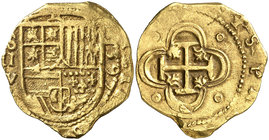 1597. Felipe II. Sevilla. V. 2 escudos. (Cal. 82) (Tauler 53, mismo ejemplar). 6,74 g. Ex Colección Isabel de Trastámara 26/05/2016, nº 576. Muy rara....