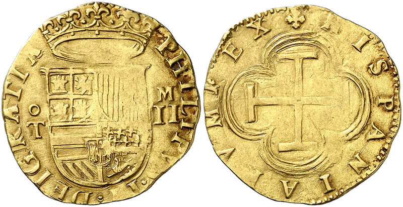 s/d. Felipe II. Toledo. M. 2 escudos. (Cal. 85) (Tauler 55). 6,78 g. Armas de Fl...
