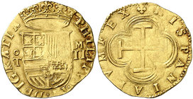 s/d. Felipe II. Toledo. M. 2 escudos. (Cal. 85) (Tauler 55). 6,78 g. Armas de Flandes y Tirol intercambiadas. Ex Colección Isabel de Trastámara 26/05/...