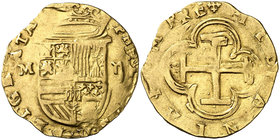 s/d. Felipe II. Toledo. M. 2 escudos. (Cal. falta) (Tauler 58, mismo ejemplar de la edición digital). 6,69 g. Sin indicación de ceca. Ex Colección Isa...