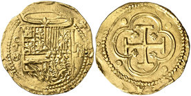 s/d. Felipe II. Toledo. . 2 escudos. (Cal. 90) (Tauler 61). 6,73 g. Armas de Flandes y Tirol intercambiadas. Bella. Ex Colección Isabel de Trastámara ...