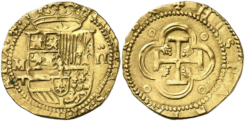 s/d. Felipe II. Toledo. M. 2 escudos. (Cal. 93) (Tauler 64, mismo ejemplar). 6,7...