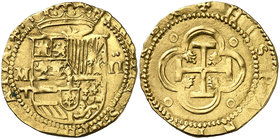 s/d. Felipe II. Toledo. M. 2 escudos. (Cal. 93) (Tauler 64, mismo ejemplar). 6,76 g. Escudo entre M/T y . Armas de Flandes y Tirol intercambiadas. Bel...