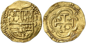 1591. Felipe II. Toledo. . 2 escudos. (Cal. falta) (Tauler 65b, mismo ejemplar, como 1595 por error). 6,78 g. Escudo entre / y /fecha de dos dígitos e...