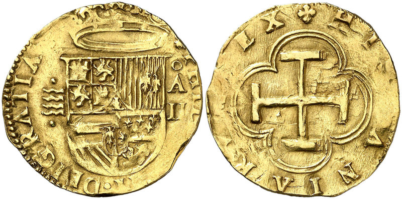 s/d. Felipe II. Valladolid. A. 2 escudos. (Cal. 97) (Tauler 68 var). 6,76 g. Las...