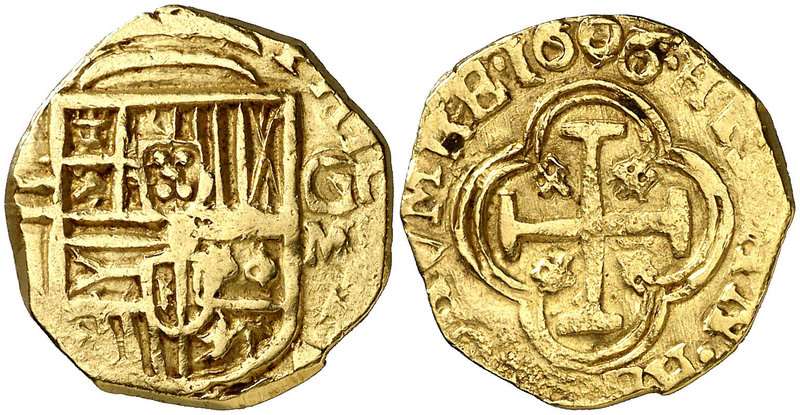 1606/593. Felipe III. Granada. M. 2 escudos. (Cal. falta) (Tauler 75a, mismo eje...