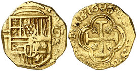 1606/593. Felipe III. Granada. M. 2 escudos. (Cal. falta) (Tauler 75a, mismo ejemplar). 6,74 g. No se conoce ningún ejemplar de este valor y ceca de 1...
