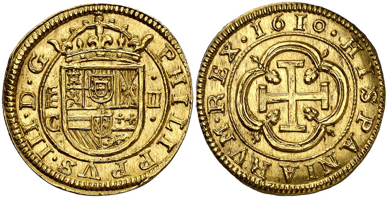 1610. Felipe III. Segovia. C (Melchor Rodríguez del Castillo). 2 escudos. (Cal. ...