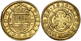 1610. Felipe III. Segovia. C (Melchor Rodríguez del Castillo). 2 escudos. (Cal. 25) 6,64 g. En la Colección Caballero de las Yndias figuraba un ejempl...