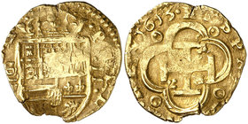 1613. Felipe III. Sevilla. V. 2 escudos. (Cal. 43) (Tauler 95). 6,70 g. La fecha comienza a las 10h del reloj. El ejemplar de la Colección Caballero d...