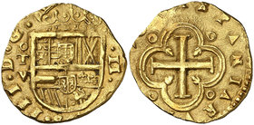 16(14). Felipe III. Toledo. V. 2 escudos. (Cal. 55, es una impronta del mismo ejemplar) (Tauler 107, mismo ejemplar). 6,64 g. Visible el ordinal del r...