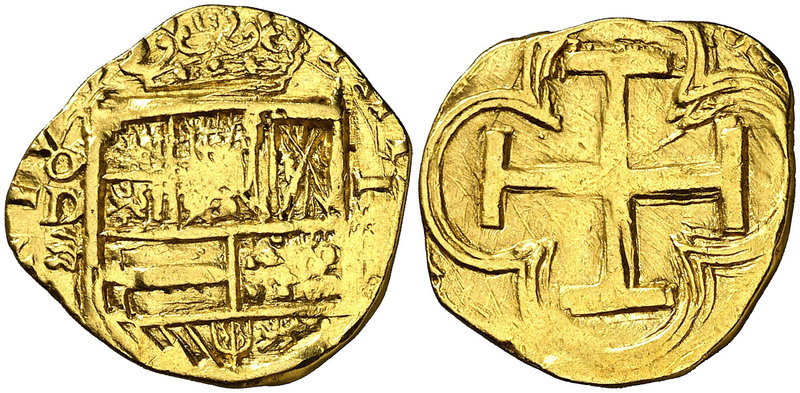¿s/d?. Felipe III. Valladolid. D (Diego de Espinar). 2 escudos. (Cal. 56, mismo ...
