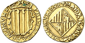 1600. Felipe IV. Mallorca. Maestro de ceca: Ramon Fortuny de Ruesta i Garcia (1631-1664). 2 escudos. (Cal. 146) (Cru.C.G. 4424, mismo ejemplar). 6,68 ...