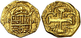 1685/4. Carlos II. Barcelona. A. 2 escudos. (Cal. 121, mismo ejemplar, no indica la rectificación de fecha) (Tauler 181, mismo ejemplar). 6,66 g. Leon...