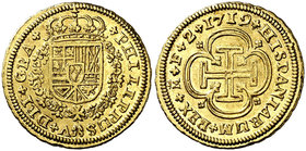 1719. Felipe V. Madrid. F. 2 escudos. (Cal. 324, mismo ejemplar). 6,70 g. Único año de este ensayador (Fernando Vázquez), en una moneda tipo "cruz". B...