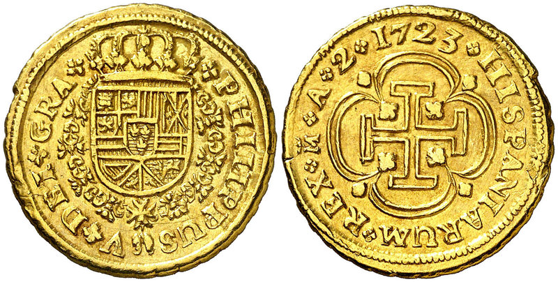 1723. Felipe V. Madrid. A. 2 escudos. (Cal. 326). 6,71 g. Tipo "cruz". Leves mar...