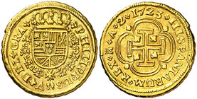 1723. Felipe V. Madrid. A. 2 escudos. (Cal. 326). 6,71 g. Tipo "cruz". Leves marquitas. Parte de brillo original. Bella. Muy rara. EBC-.