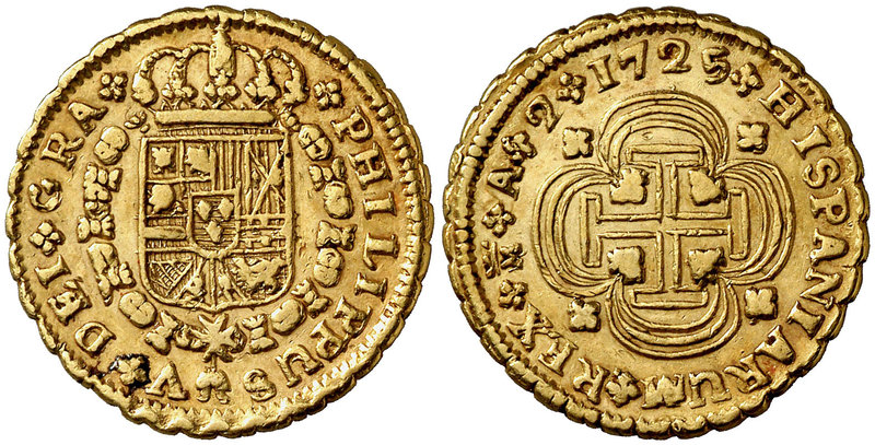 1725. Felipe V. Madrid. A. 2 escudos. (Cal. 327). 6,67 g. Tipo "cruz". Los dos ú...