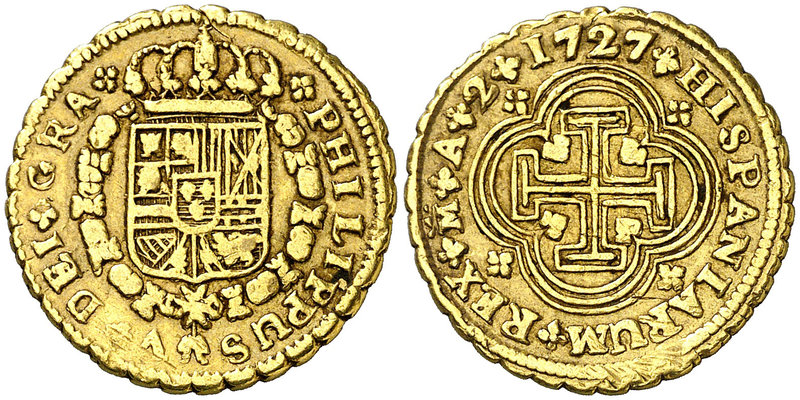 1727. Felipe V. Madrid. A. 2 escudos. (Cal. falta). 6,65 g. Tipo "cruz". Rarísim...