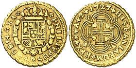 1727. Felipe V. Madrid. A. 2 escudos. (Cal. falta). 6,65 g. Tipo "cruz". Rarísima. Única conocida. MBC.