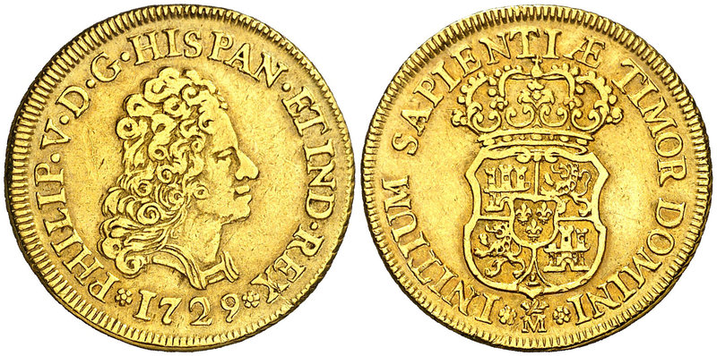 1729. Felipe V. Madrid. 2 escudos. (Cal. 328). 6,63 g. Primer busto. Sin indicac...