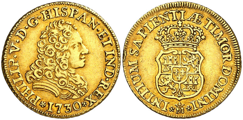 1730. Felipe V. Madrid. 2 escudos. (Cal. 329). 6,66 g. Segundo busto. Sin indica...