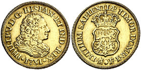 1731. Felipe V. Madrid. F. 2 escudos. (Cal. 330). 6,73 g. Sin indicación de valor.Ensayador F a derecha de la ceca y rectificado sobre una F más peque...