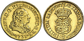 1731. Felipe V. Madrid. JF. 2 escudos. (Cal. 332). 6,74 g. Sin indicación de valor. Ceca entre y . Ensayadores pequeños. Bella. Parte de brillo origin...