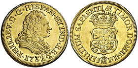 1732. Felipe V. Madrid. JF. 2 escudos. (Cal. 334). 6,74 g. Sin indicación de valor. Ceca entre ensayadores de tamaño grande y sin punto sobre las inic...