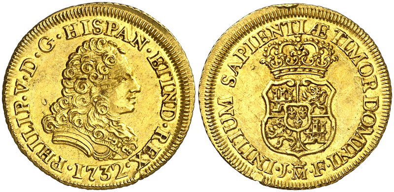 1732. Felipe V. Madrid. JF. 2 escudos. (Cal. 334 var). 6,77 g. Sin indicación de...