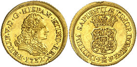 1732. Felipe V. Madrid. JF. 2 escudos. (Cal. 334 var). 6,77 g. Sin indicación de valor. Ceca entre ensayadores de tamaño grande y con punto entre las ...