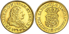 1734. Felipe V. Madrid. JF. 2 escudos. (Cal. 336). 6,71 g. Sin indicación de valor. Leves rayitas. Bella. Parte de brillo original. Rara, sólo hemos t...