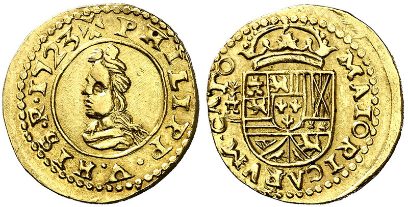 1723. Felipe V. Mallorca. 2 escudos. (Cal. 338) (Cru.C.G. 6000, mismo ejemplar, ...