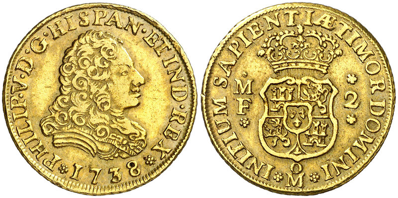 1738. Felipe V. México. MF. 2 escudos. (Cal. 364). 6,73 g. Muy rara, sólo hemos ...
