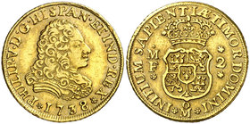 1738. Felipe V. México. MF. 2 escudos. (Cal. 364). 6,73 g. Muy rara, sólo hemos tenido 1 ejemplar. MBC+.