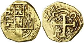 1728. Felipe V. Santa Fe de Nuevo Reino. S. 2 escudos. (Cal. 383) (Tauler 289) (Restrepo M80-8). 6,69 g. Leones y castillos. Fecha perfecta. Ex Colecc...